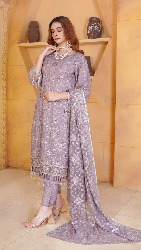 Roa Silk Ensemble with Heavy Embroidered Shawl