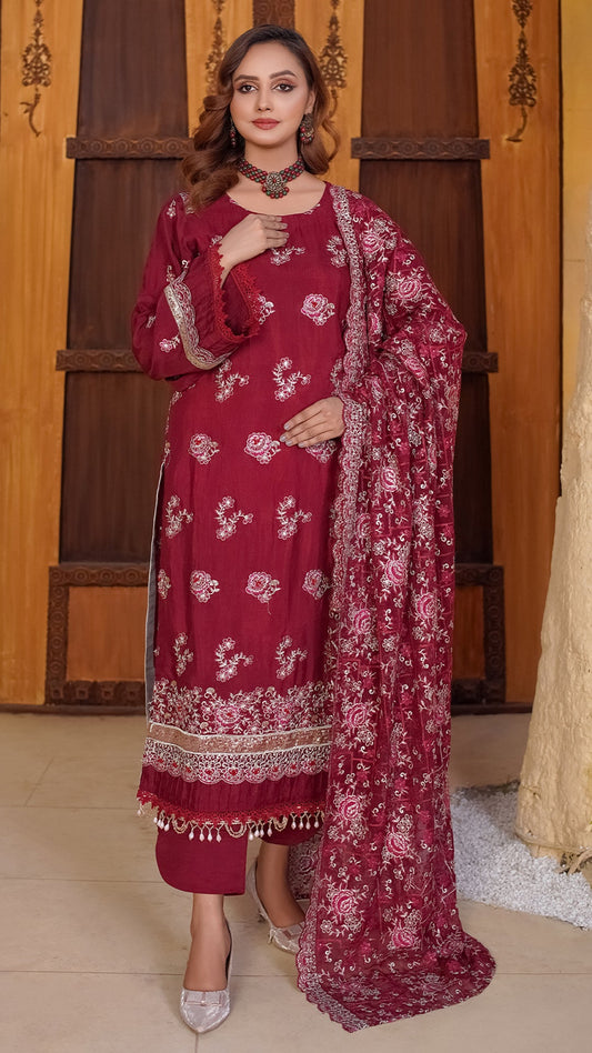 Roa Silk Ensemble with Heavy Embroidered Shawl