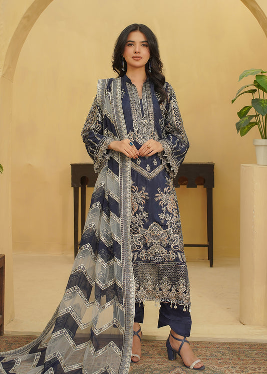 3 Piece Midnight Navy Blue Embroidered Dress