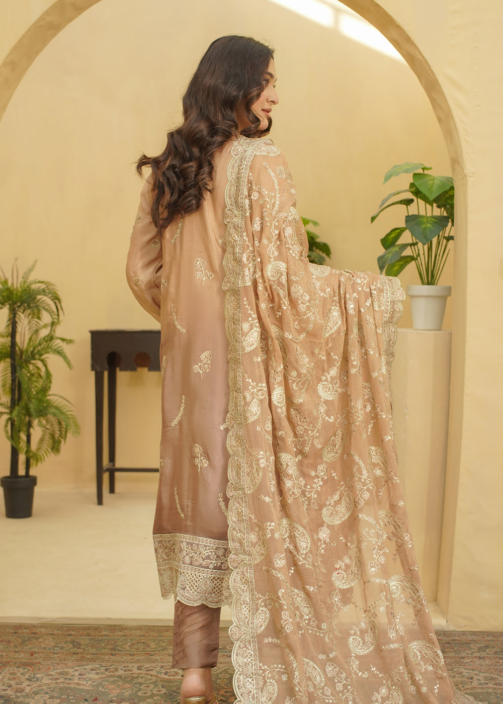 3 Piece Embroidered Mocha Beige Dress
