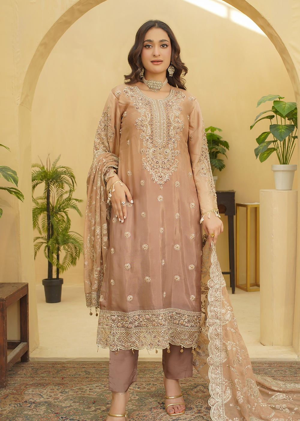 3 Piece Embroidered Mocha Beige Dress