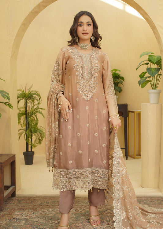 3 Piece Embroidered Mocha Beige Dress