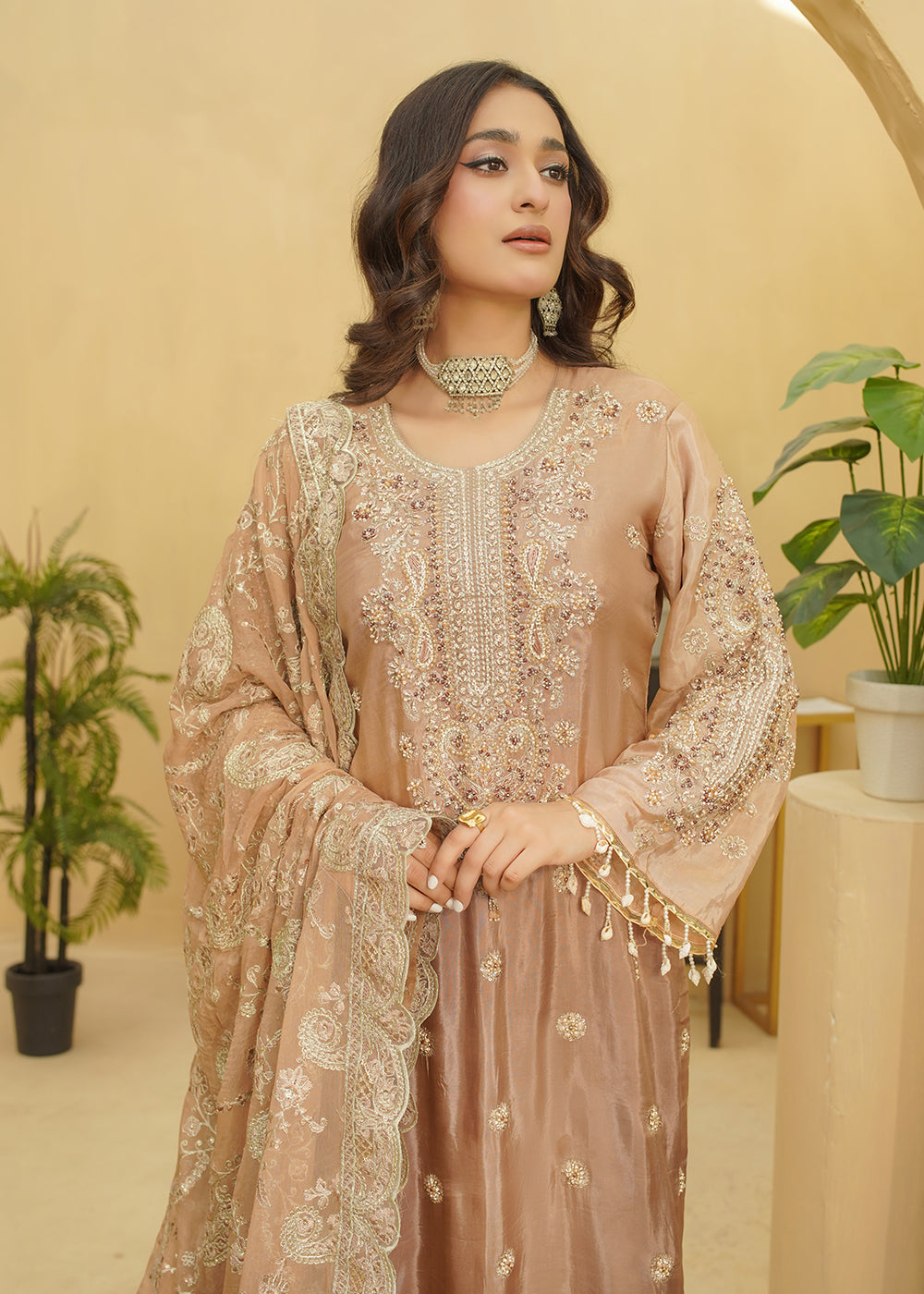 3 Piece Embroidered Mocha Beige Dress