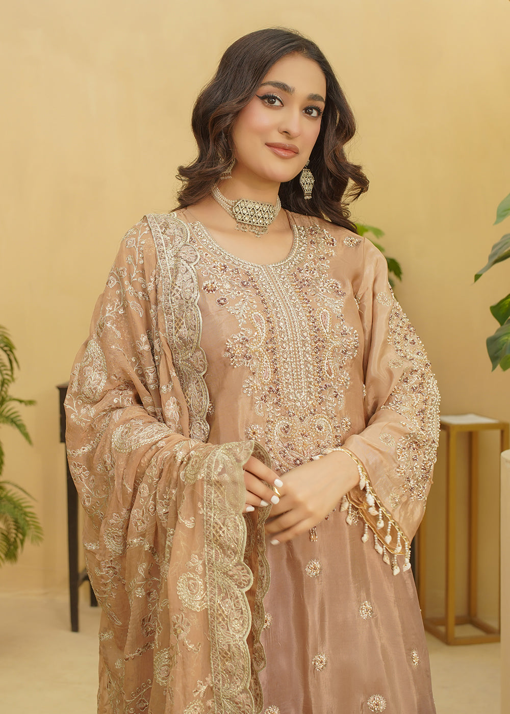 3 Piece Embroidered Mocha Beige Dress
