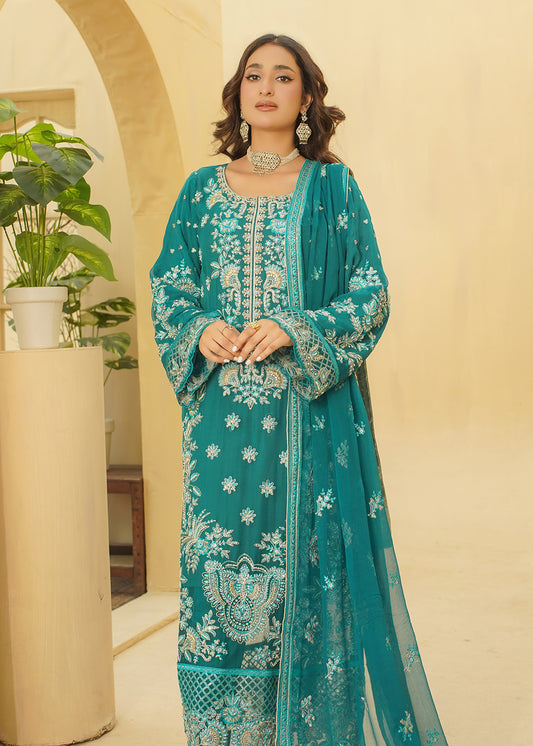 3 Piece Sea Green Embroidered Dress