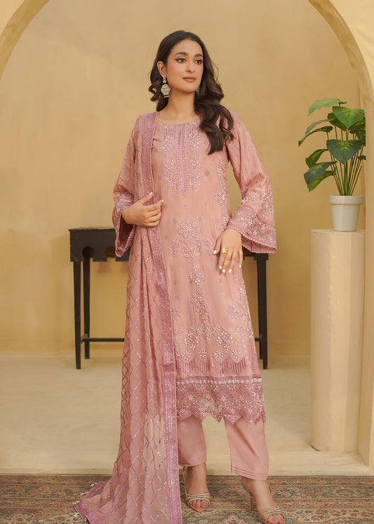 3 Piece Soft Dusty Pink Embroidered Dress