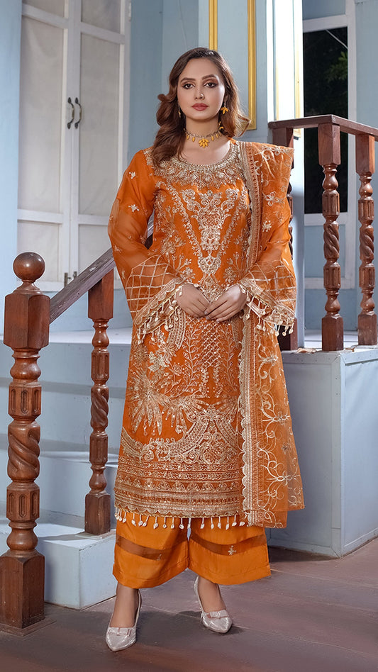 Aurganza Embroidered Maxi with Four-Sided Net Dupatta