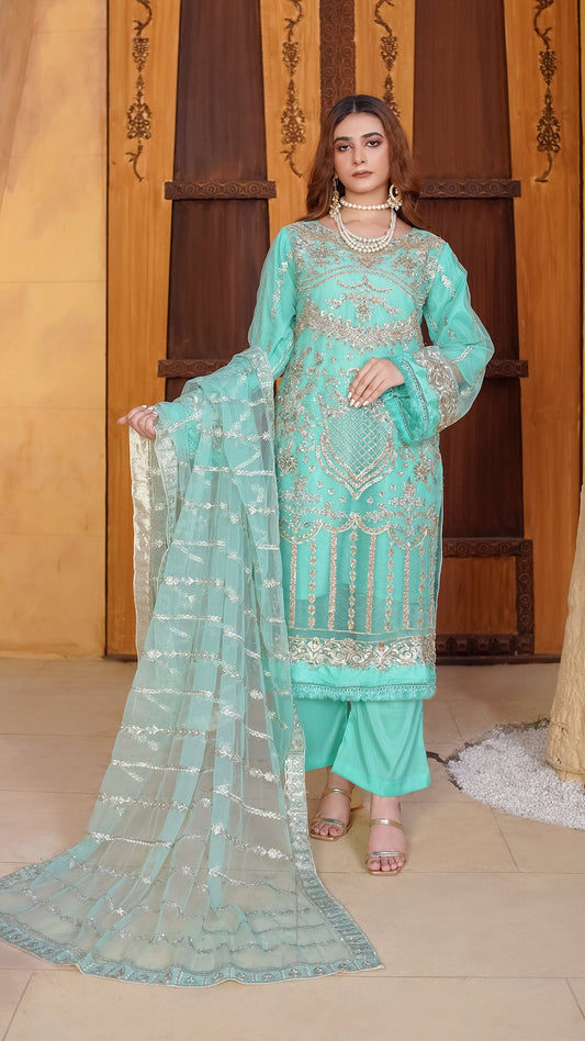 Crystal-Embellished Auraganza Outfit with 4-Sided Net Dupatta