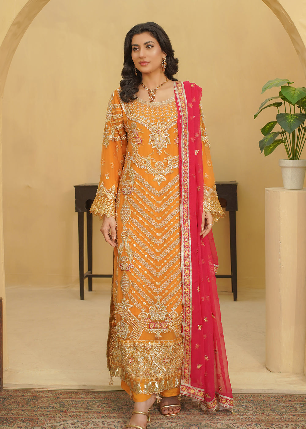 3 Piece Mustard Orange with Hot Pink Dupatta