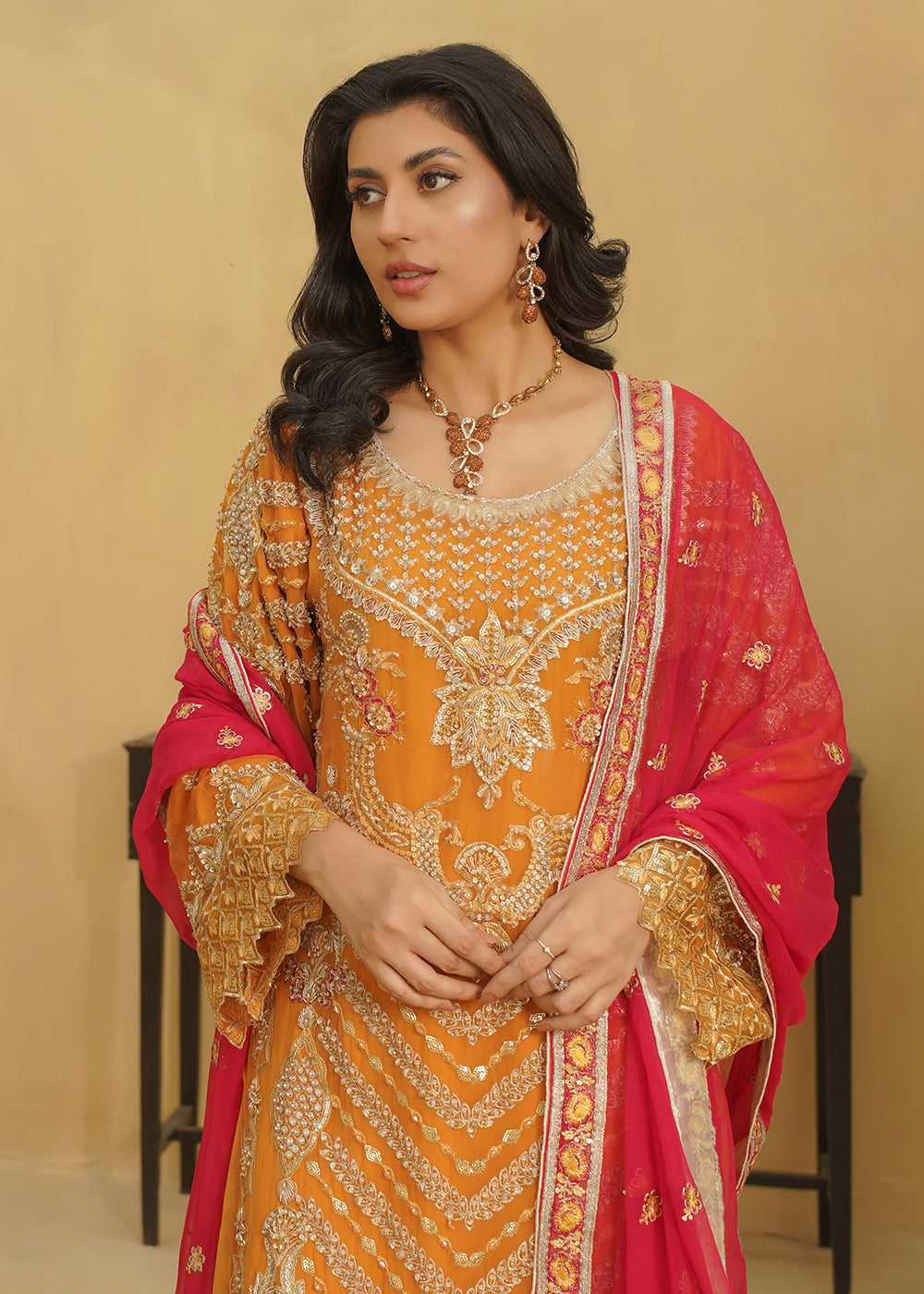 3 Piece Mustard Orange with Hot Pink Dupatta