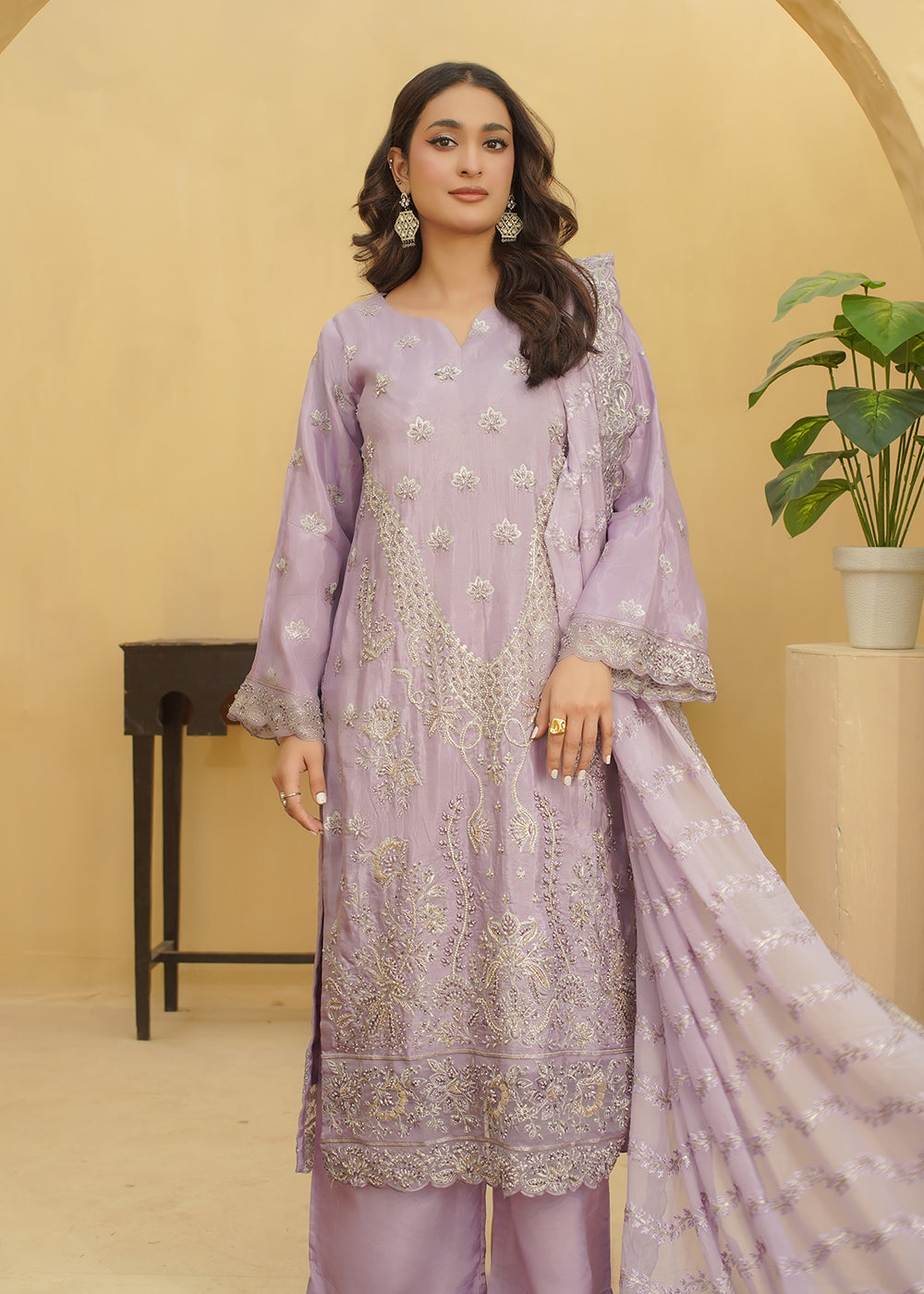 3 Piece Lavender Lilac Embroidered Dress