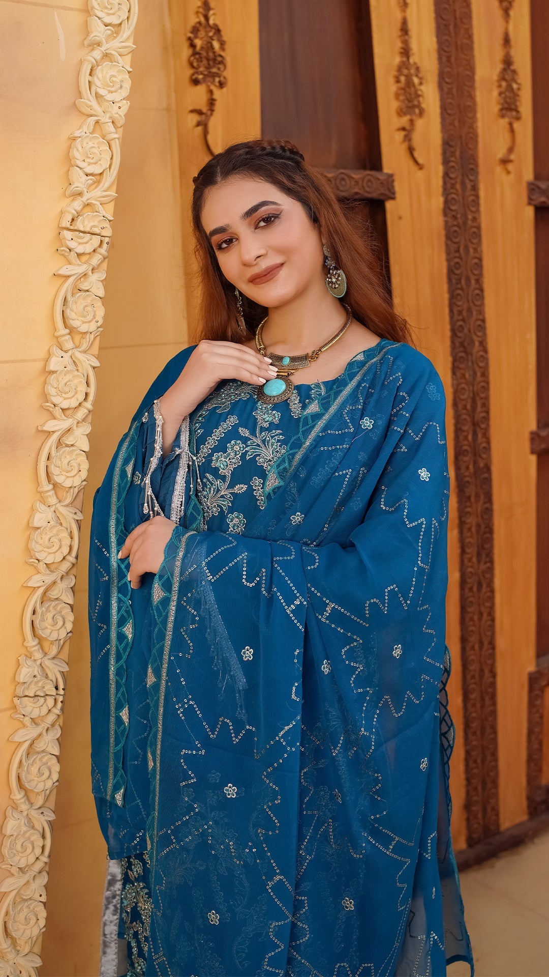 Pure Chiffon Ensemble with Crystal & Jewelry Work
