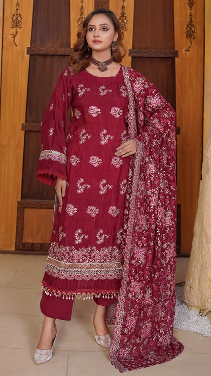 Roa Silk Ensemble with Heavy Embroidered Shawl