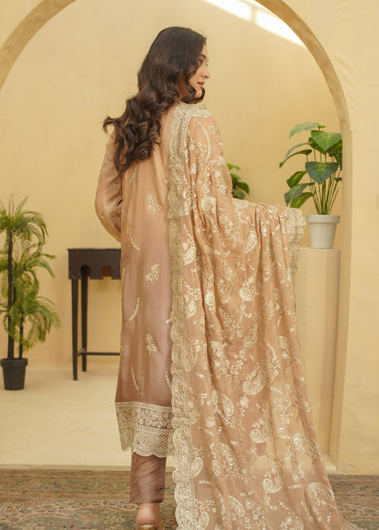 3 Piece Embroidered Mocha Beige Dress