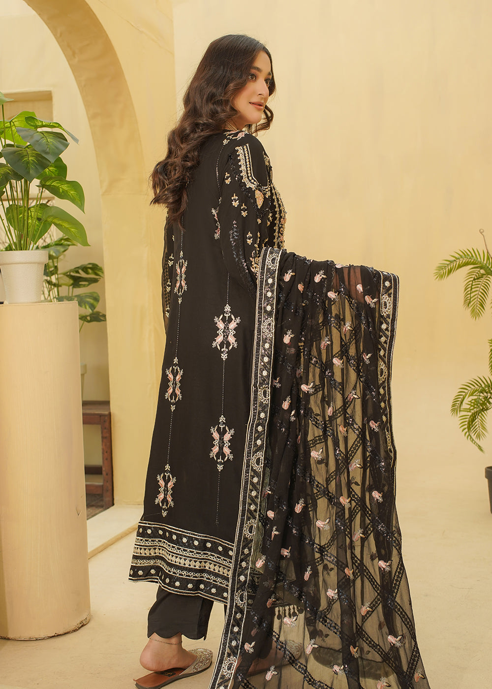 3 Piece Classic Black With Golden Embroidery