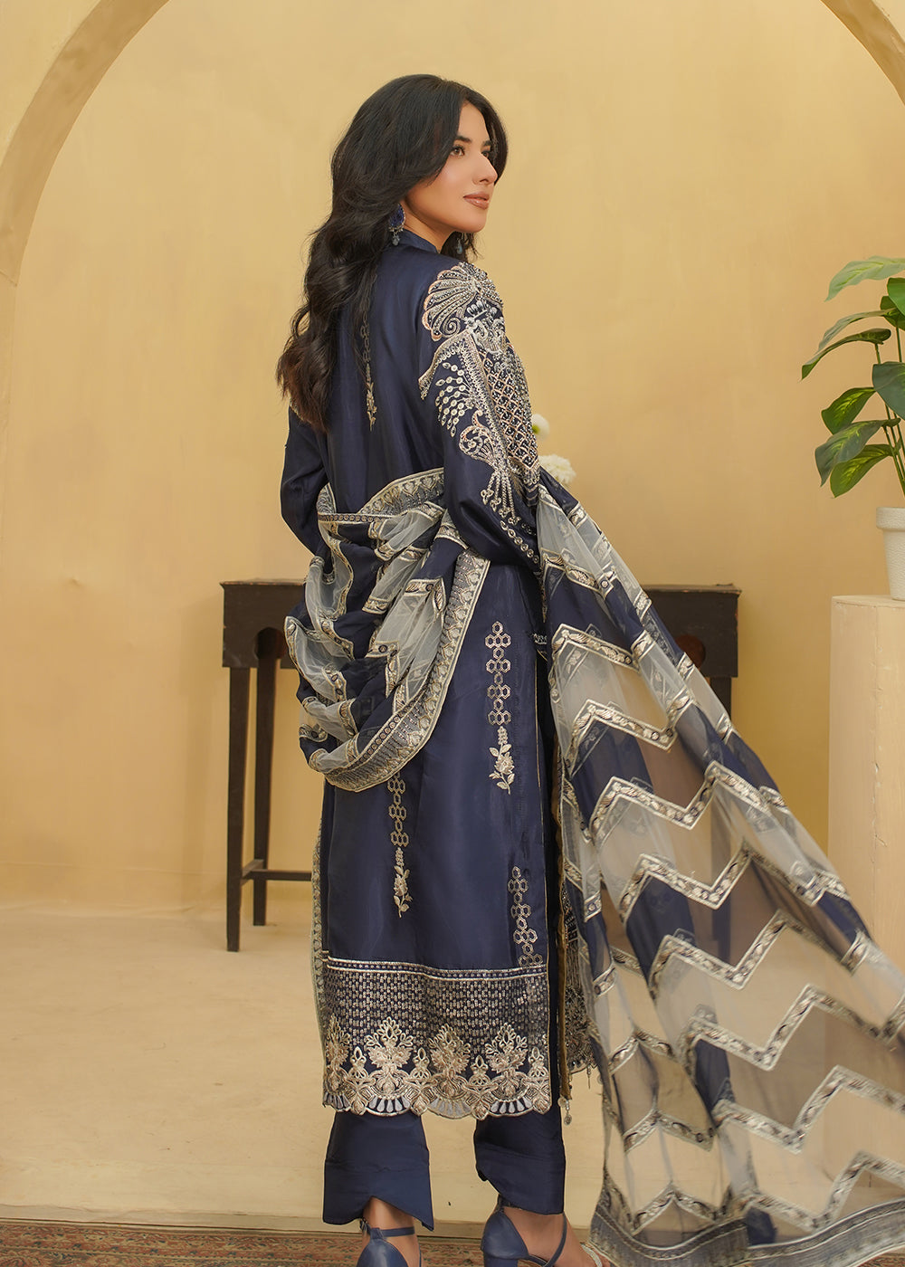 3 Piece Midnight Navy Blue Embroidered Dress