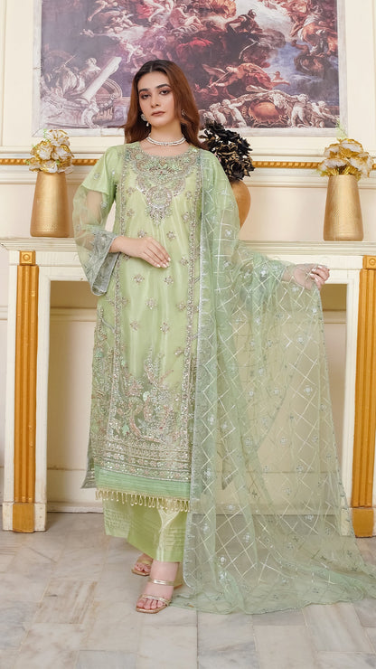Crystal-Embellished Auraganza Outfit with 4-Sided Net Dupatta