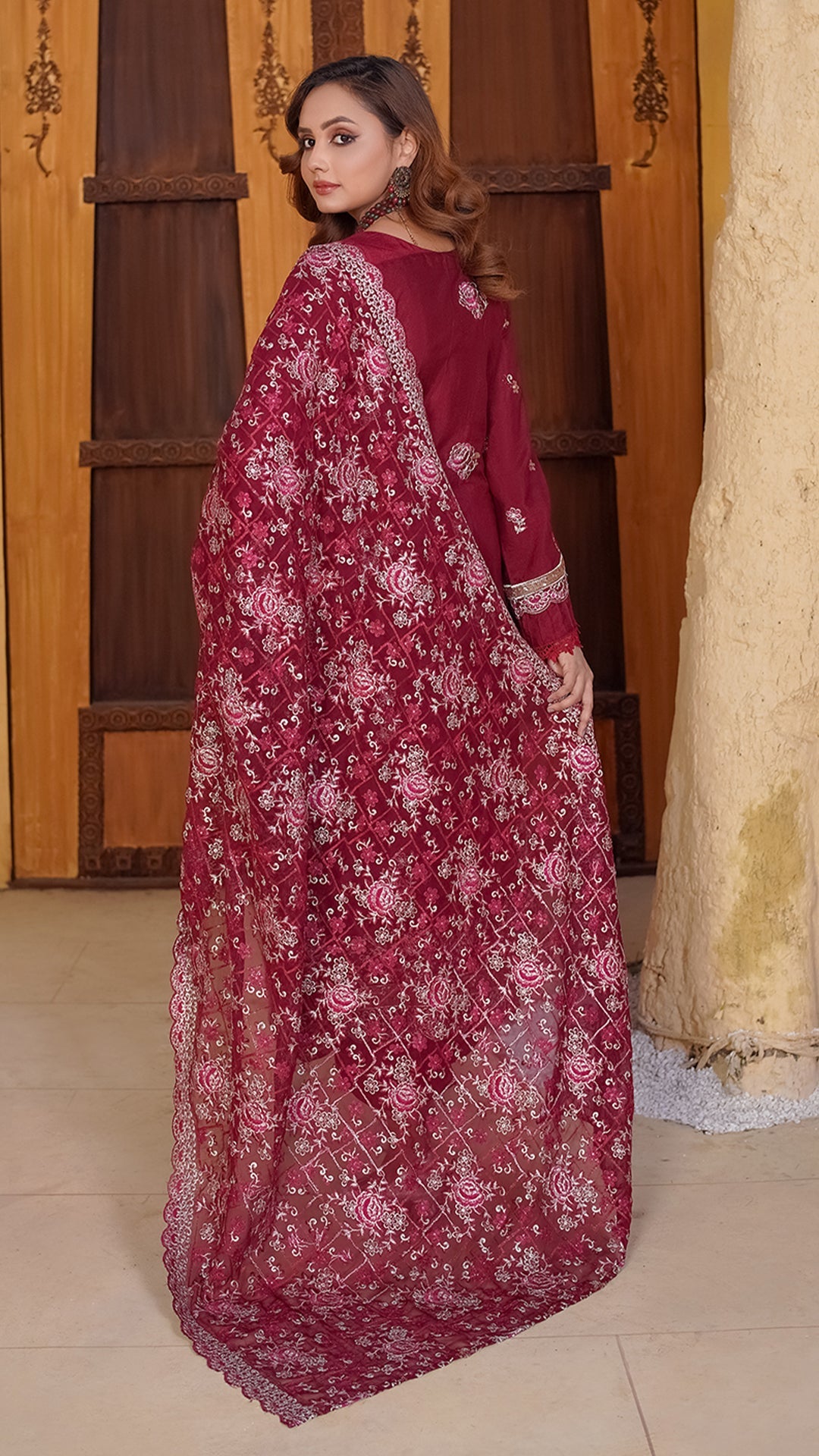 Roa Silk Ensemble with Heavy Embroidered Shawl