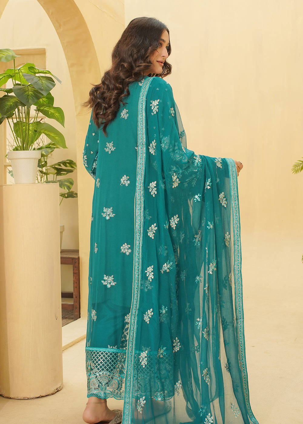 3 Piece Sea Green Embroidered Dress