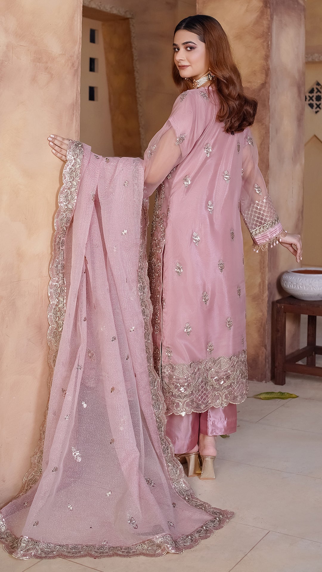 Auraganza Khaddi Dupatta Ensemble with Nakshi and Crystal Jewelry Work
