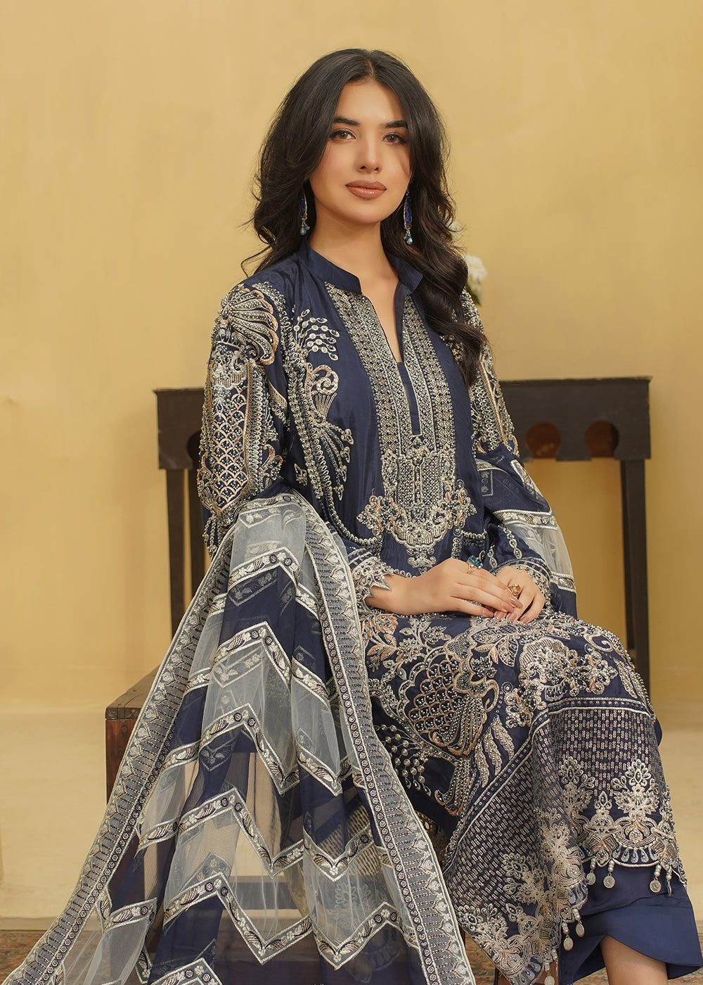 3 Piece Midnight Navy Blue Embroidered Dress