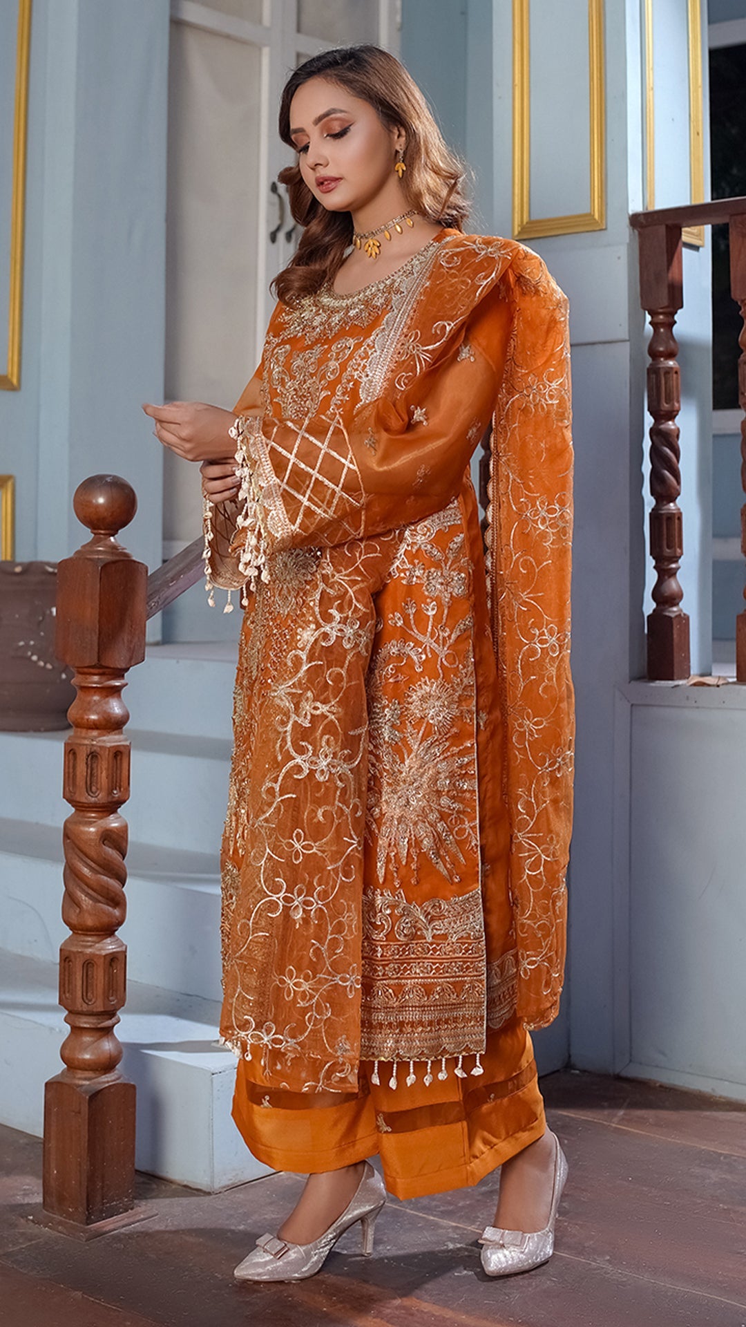 Aurganza Embroidered Maxi with Four-Sided Net Dupatta
