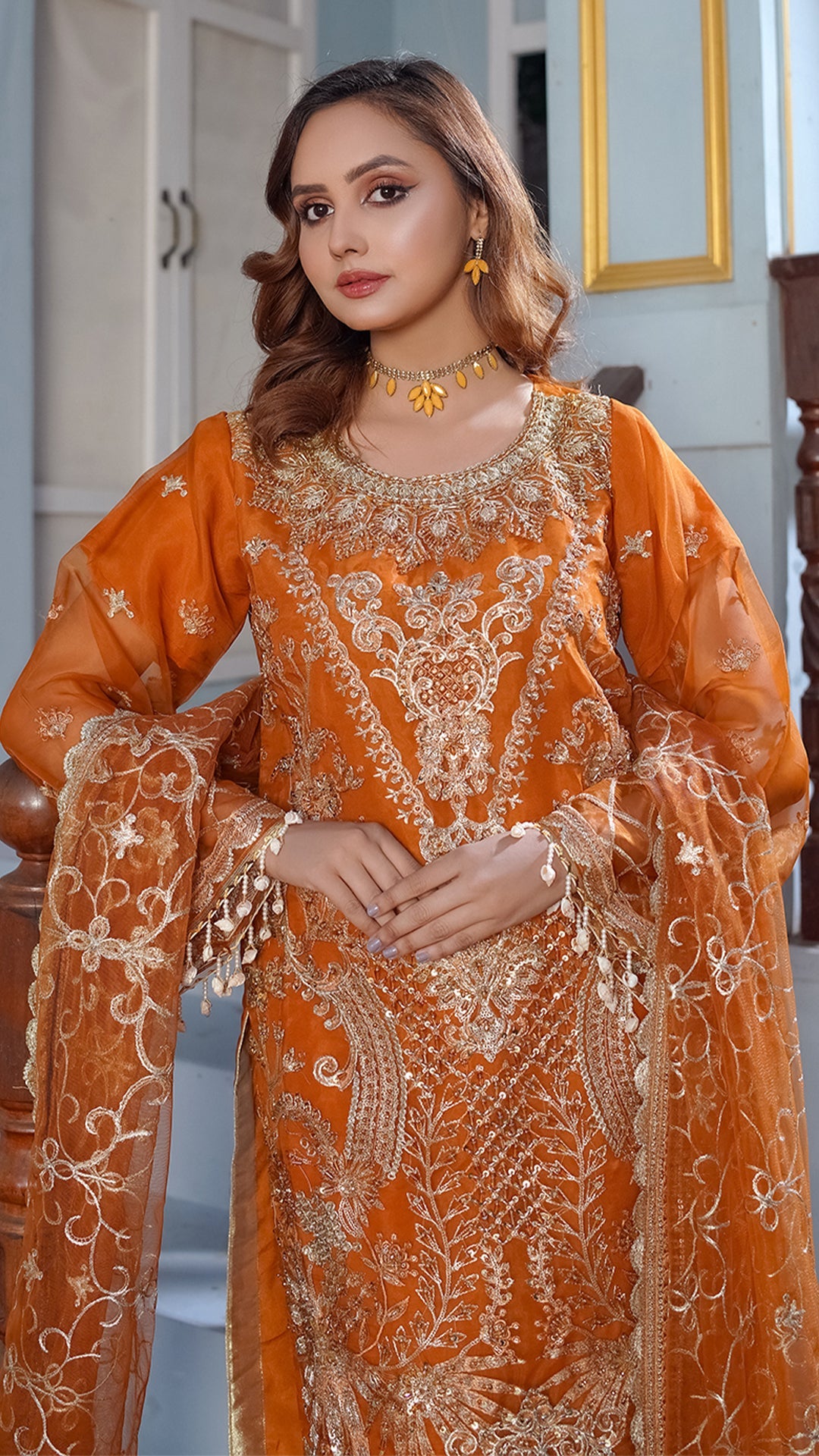 Aurganza Embroidered Maxi with Four-Sided Net Dupatta