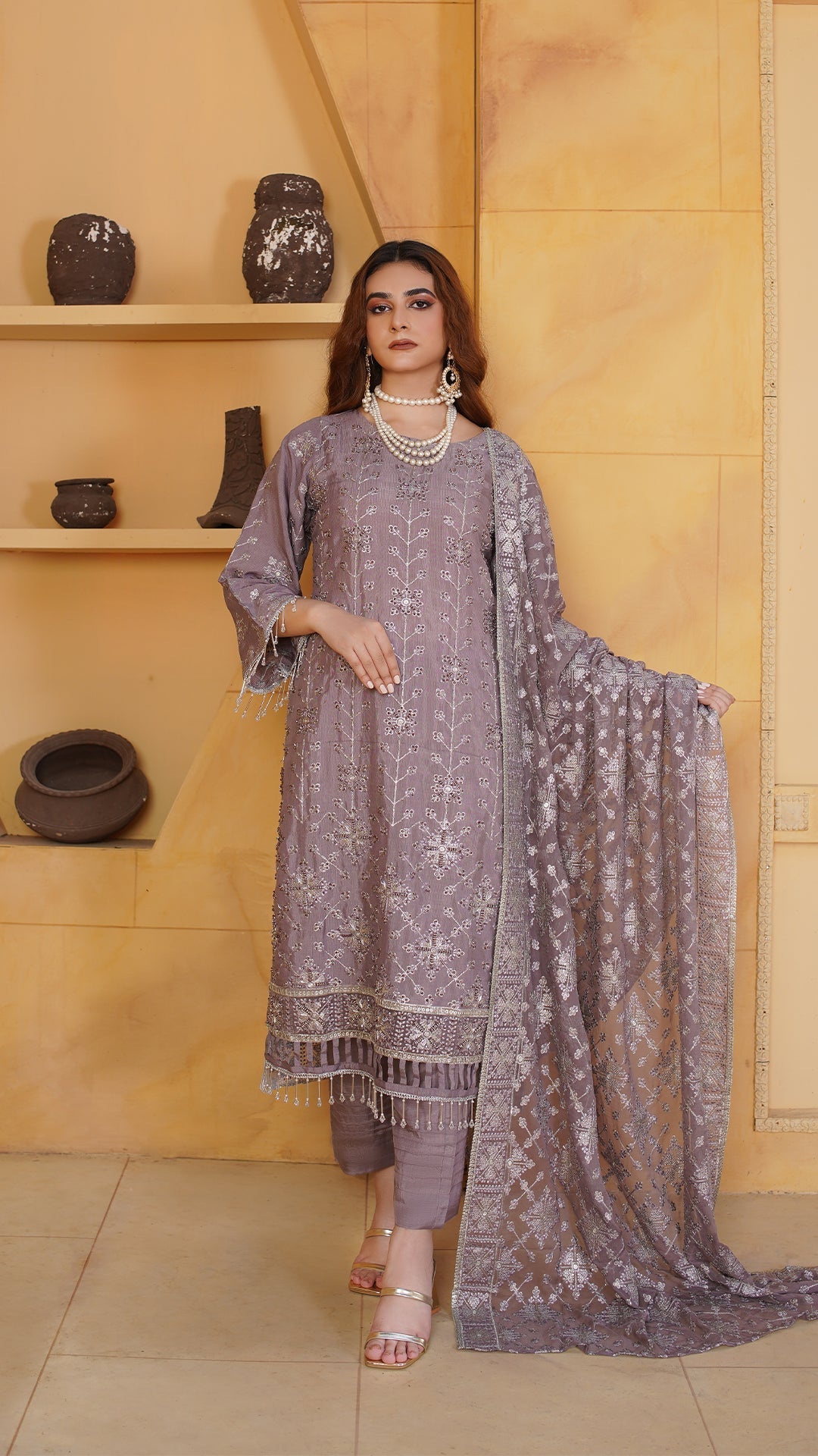 Roa Silk Ensemble with Heavy Embroidered Shawl