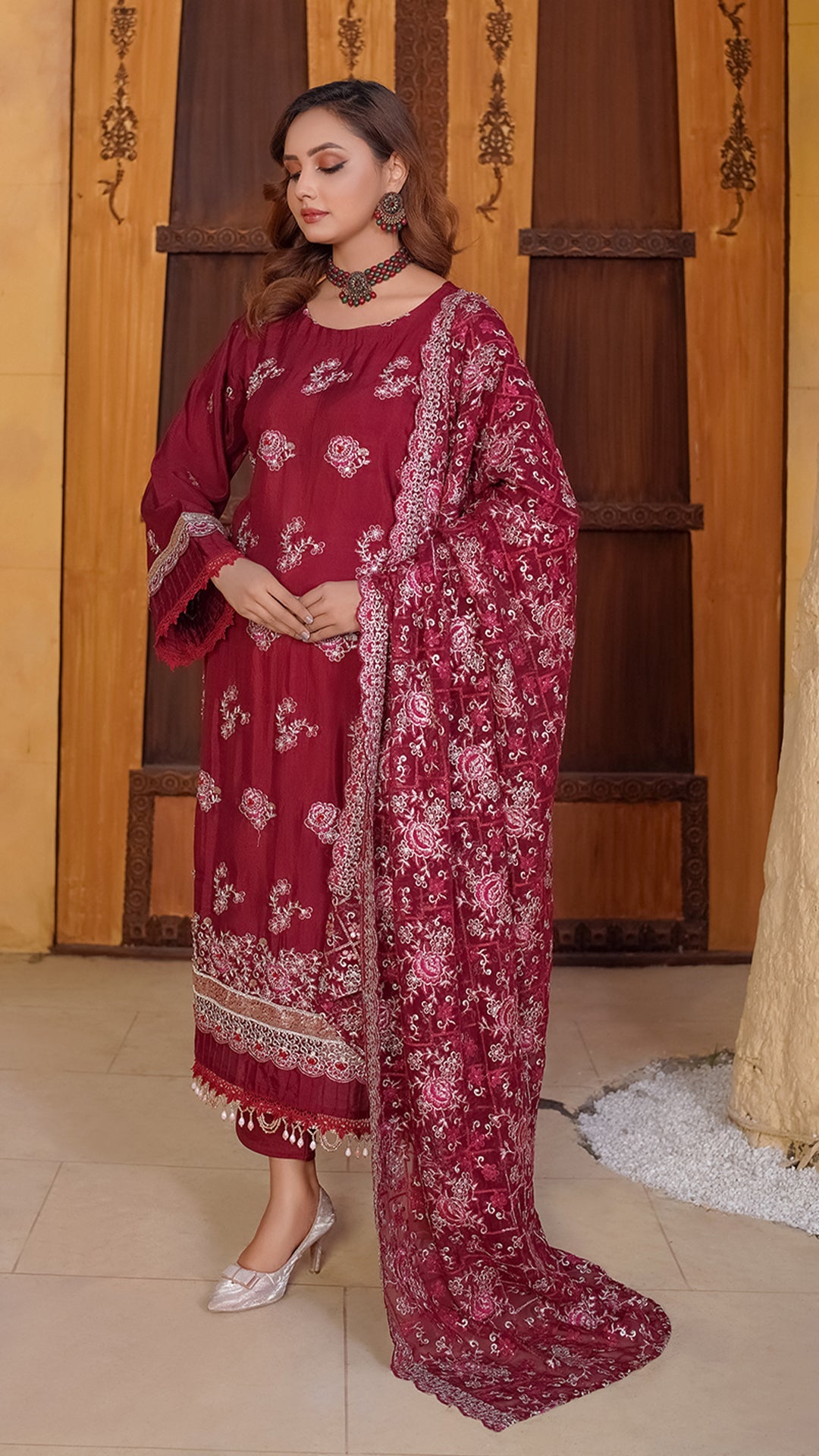 Roa Silk Ensemble with Heavy Embroidered Shawl