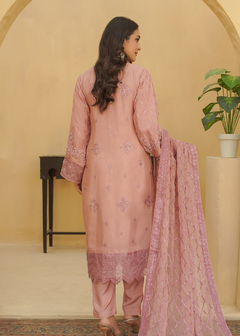 3 Piece Soft Dusty Pink Embroidered Dress