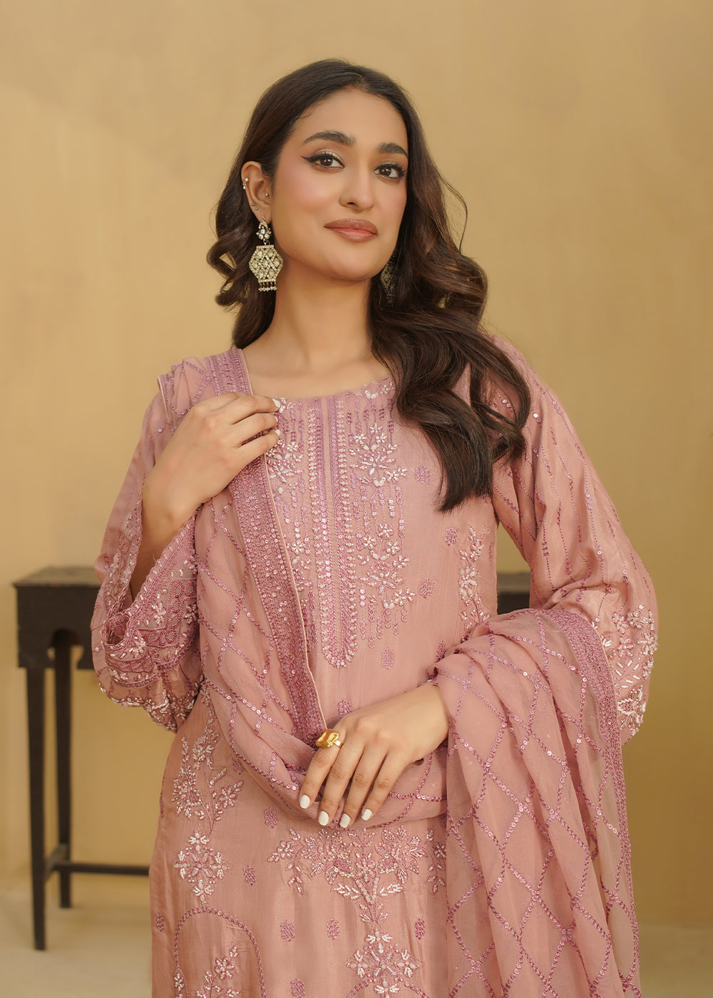 3 Piece Soft Dusty Pink Embroidered Dress
