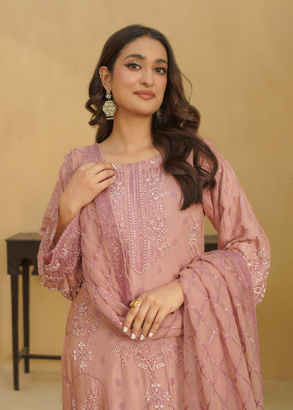 3 Piece Soft Dusty Pink Embroidered Dress