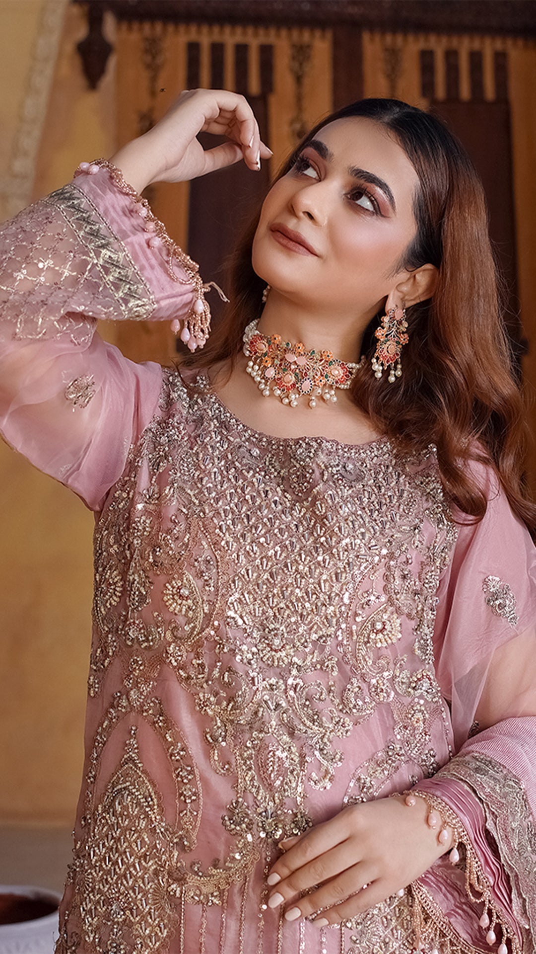 Auraganza Khaddi Dupatta Ensemble with Nakshi and Crystal Jewelry Work