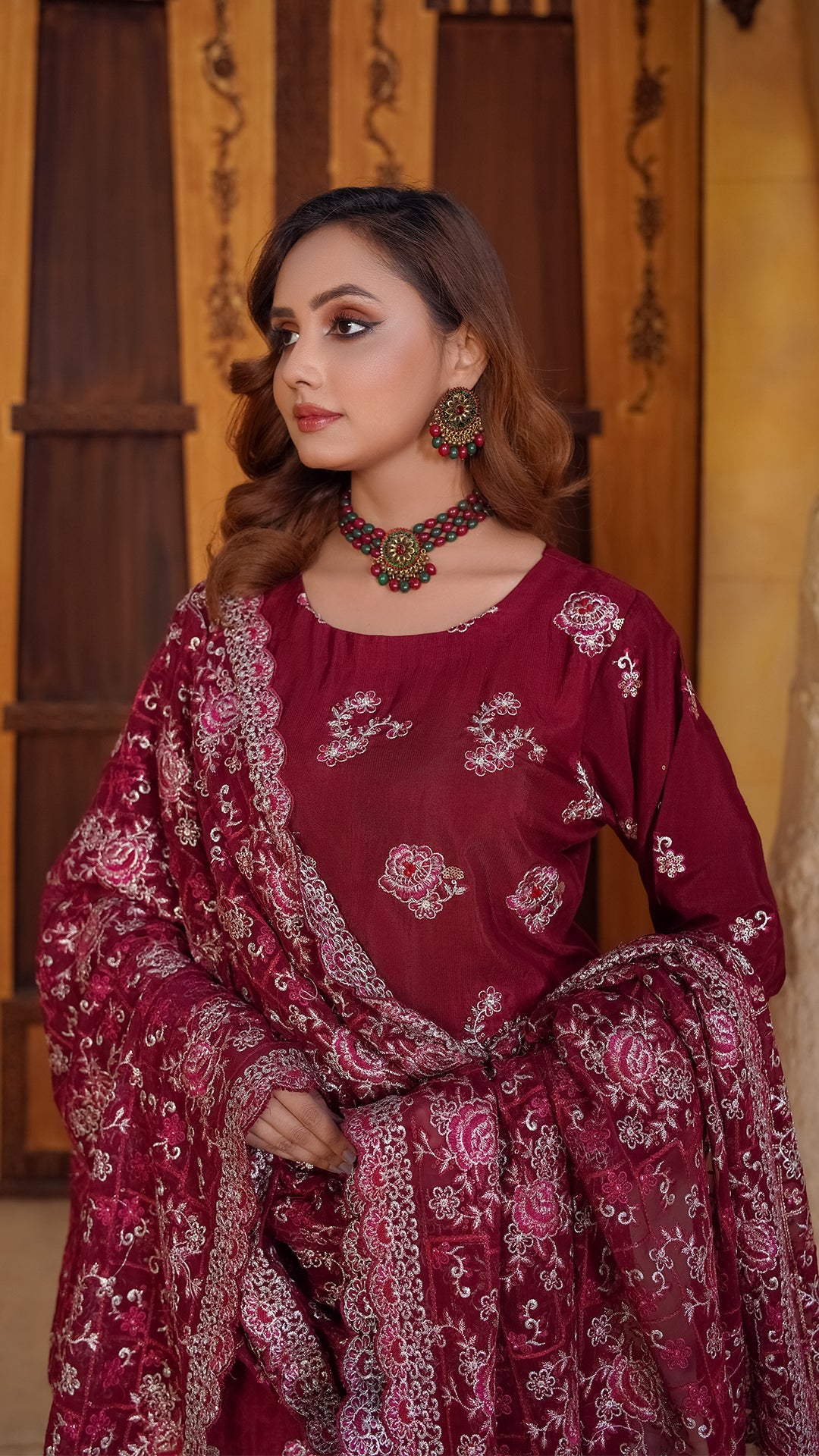 Roa Silk Ensemble with Heavy Embroidered Shawl