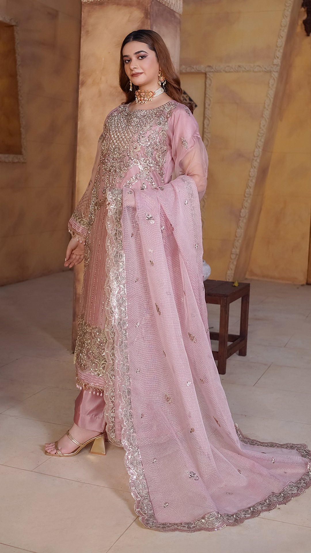 Auraganza Khaddi Dupatta Ensemble with Nakshi and Crystal Jewelry Work