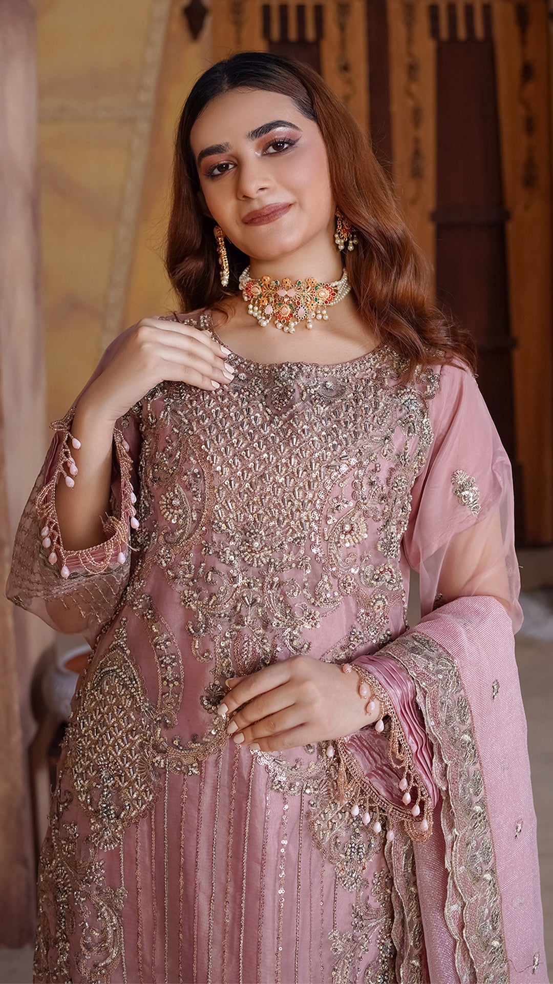 Auraganza Khaddi Dupatta Ensemble with Nakshi and Crystal Jewelry Work