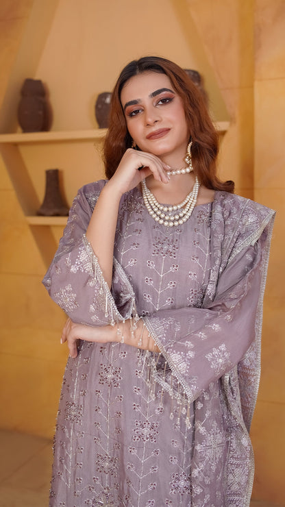 Roa Silk Ensemble with Heavy Embroidered Shawl
